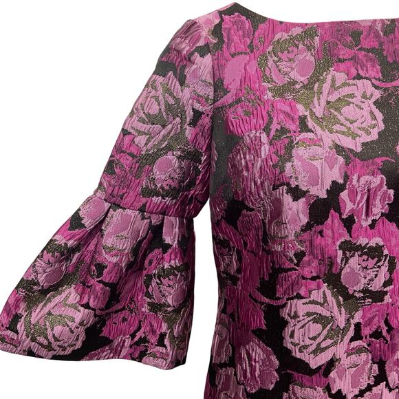 Belle Badgley Mischka New Floral PInk Black "Sharon Dress" Bell Sleeves Size 2 - Picture 2 of 9